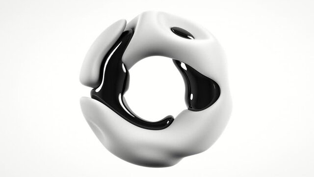 3d render of abstract art with surreal 3d ring, torus, donut or letter o in organic curve round wavy smooth and soft bio form in white soft plastic with black liquid oil parts on isolated background