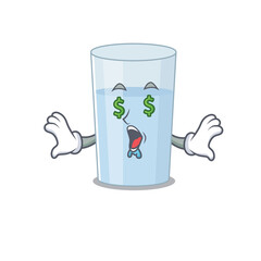wealthy cartoon character concept of glass of water with money eyes