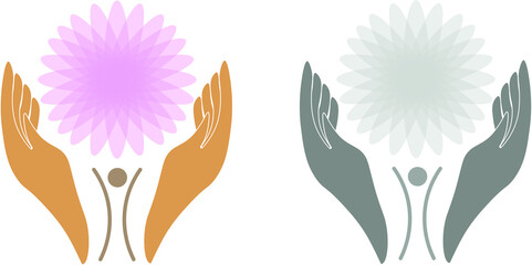 Logo, Ricky with a flower. Emblem of growth. The little man reaches for the flower. Plant cultivation. Healing.