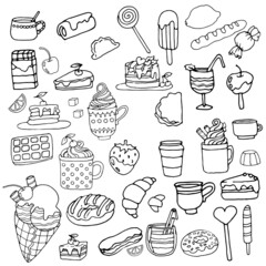 Hand drawn vector set of cute dessert elements. Doodle style. Black outlinet isolated on white. Design for greeting cards, scrapbooking, textile, wrapping paper, cafe or restaurant menu, invitations.