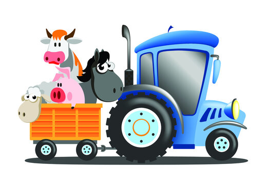Cartoon tractor carries animals in a trailer. Cartoon characters. Vector illustration.