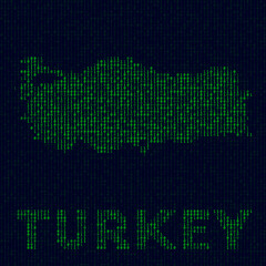 Digital Turkey logo. Country symbol in hacker style. Binary code map of Turkey with country name. Creative vector illustration.