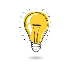 Light bulb with rays shine. Cartoon style. Flat style. Hand drawn style. Doodle style. Symbol of creativity, innovation, inspiration, invention and idea. Vector illustration