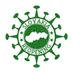 Slovakia reopening stamp. Green round badge of country with map of Slovakia. Country opening after lockdown. Vector illustration.