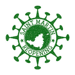 Saint Martin reopening stamp. Green round badge of island with map of Saint Martin. Island opening after lockdown. Vector illustration.