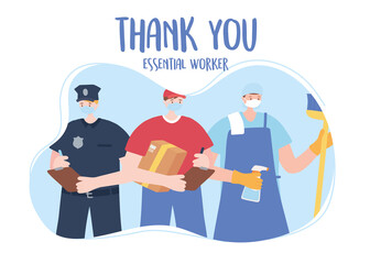 thank you essential workers, men group policeman delivery and cleaner, wearing face masks, various occupations, coronavirus covid 19 disease