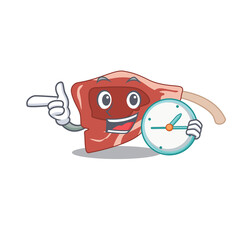 mascot design style of lamb chop standing with holding a clock