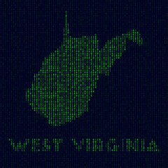 Digital West Virginia logo. US state symbol in hacker style. Binary code map of West Virginia with US state name. Awesome vector illustration.