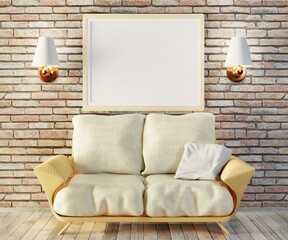 An empty frame on the brick wall above the sofa. Template for photos and lettering. Interior in loft style. 3D rendering.