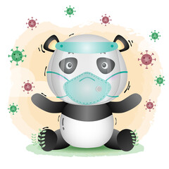 Panda using face shield and mask.  Covid-19,  coronavirus vector illustration.