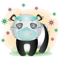 Panda using face shield and mask.  Covid-19,  coronavirus vector illustration.