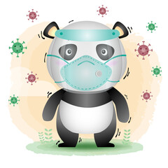 Panda using face shield and mask.  Covid-19,  coronavirus vector illustration.