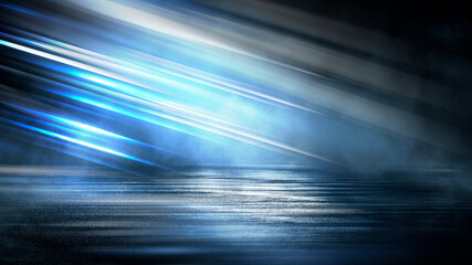 Dark dramatic abstract scene background. Neon glow reflected on the pavement. Smoke, smog and fog. Dark street, wet asphalt, reflections of rays in the water. Abstract dark blue background. 