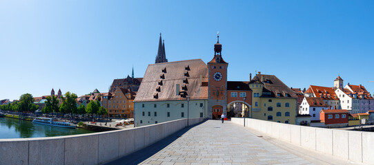 historic stone bridge at Regensburg over river danube