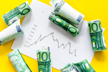 Stock market chart with euro banknote top view
