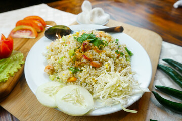 Fried rice seafood menu with tomato slice top view