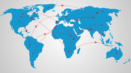 Top view world map showing flight routes around the world with red line and plane symbol, vector