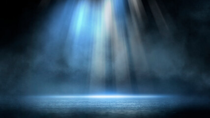 Dark dramatic abstract scene background. Neon glow reflected on the pavement. Smoke, smog and fog. Dark street, wet asphalt, reflections of rays in the water. Abstract dark blue background. 