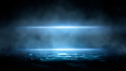Dark dramatic abstract scene background. Neon glow reflected on the pavement. Smoke, smog and fog. Dark street, wet asphalt, reflections of rays in the water. Abstract dark blue background. 