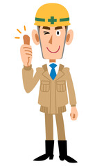 サムズアップするヘルメットを被ったベージュの作業着の男性
