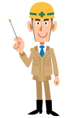 指し棒を持つヘルメットを被ったベージュの作業着の男性
