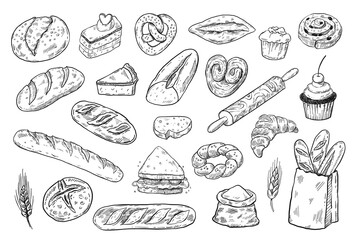 Bakery sketch set, hand drawn food illustration, doodle vector bread and pastry icons - 357126733