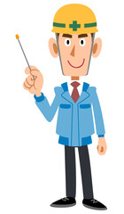 指し棒を持つヘルメットを被った青い作業着の男性
