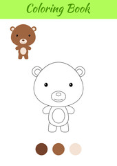 Coloring page happy little baby bear. Coloring book for kids. Educational activity for preschool years kids and toddlers with cute animal. Flat cartoon colorful vector illustration