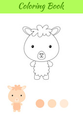 Coloring page happy little baby alpaca. Coloring book for kids. Educational activity for preschool years kids and toddlers with cute animal. Flat cartoon colorful vector illustration