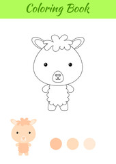 Obraz premium Coloring page happy little baby alpaca. Coloring book for kids. Educational activity for preschool years kids and toddlers with cute animal. Flat cartoon colorful vector illustration