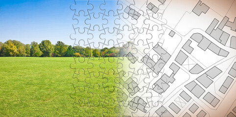 Planning a new city - concept image in jigsaw puzzle shape with an imaginary cadastral map of...