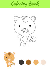 Coloring page happy little baby cat. Coloring book for kids. Educational activity for preschool years kids and toddlers with cute animal. Flat cartoon colorful vector illustration