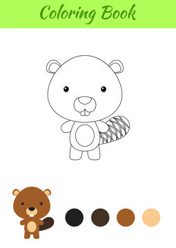Coloring page happy little baby beaver. Coloring book for kids. Educational activity for preschool years kids and toddlers with cute animal. Flat cartoon colorful vector illustration