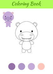 Coloring page happy little baby hippo. Coloring book for kids. Educational activity for preschool years kids and toddlers with cute animal. Flat cartoon colorful vector illustration