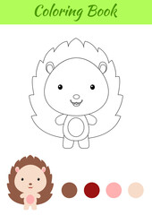 Coloring page happy little baby hedgehog. Coloring book for kids. Educational activity for preschool years kids and toddlers with cute animal. Flat cartoon colorful vector illustration