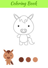 Fototapeta premium Coloring page happy little baby horse. Coloring book for kids. Educational activity for preschool years kids and toddlers with cute animal. Flat cartoon colorful vector illustration