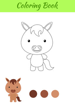 Coloring page happy little baby horse. Coloring book for kids. Educational activity for preschool years kids and toddlers with cute animal. Flat cartoon colorful vector illustration