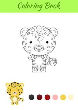 Coloring page happy little baby jaguar. Coloring book for kids. Educational activity for preschool years kids and toddlers with cute animal. Flat cartoon colorful vector illustration