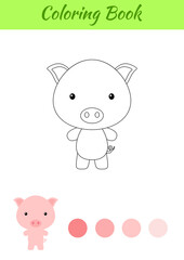 Coloring page happy little baby pig. Coloring book for kids. Educational activity for preschool years kids and toddlers with cute animal. Flat cartoon colorful vector illustration