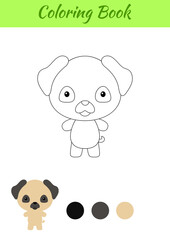 Coloring page happy little baby pug dog. Coloring book for kids. Educational activity for preschool years kids and toddlers with cute animal. Flat cartoon colorful vector illustration