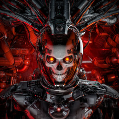 Flight of the reaper / 3D illustration of science fiction cyberpunk skull faced robot inside space ship cockpit