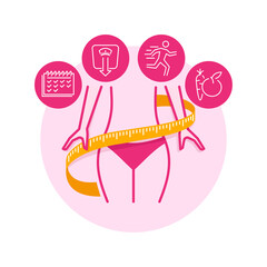 Weight loss diet challenge logo (isolated icon) - female silhouette (fat and shapely figure) with measuring tape and tjematical icons around