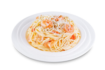 Shrimp pasta with tomatoes and cheese on a white isolated background