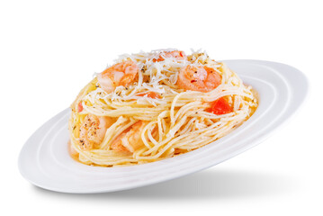 Shrimp pasta with tomatoes and cheese on a white isolated background