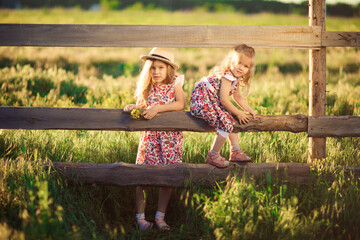 children, girls in hat sitting on fence in village. walks in countryside.