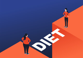 Fototapeta premium Weight loss diet before and after concept - woman before and after program facing an abyss with bridge in measuring tape association - isometric illustration