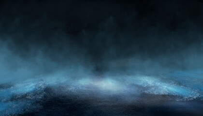 Dark dramatic abstract scene background. Neon glow reflected on the pavement. Smoke, smog and fog. Dark street, wet asphalt, reflections of rays in the water. Abstract dark blue background. 