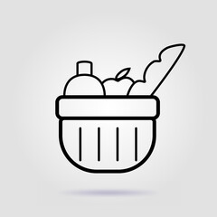 Food basket line icon on gray background with soft shadow
