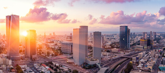 Tel Aviv Skyline At Sunset,  Tel Aviv Cityscape At Sunset Time, Israel