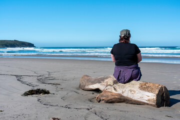Person at the beach sitting on a driftwood log that has washed up on the sand, view from behind